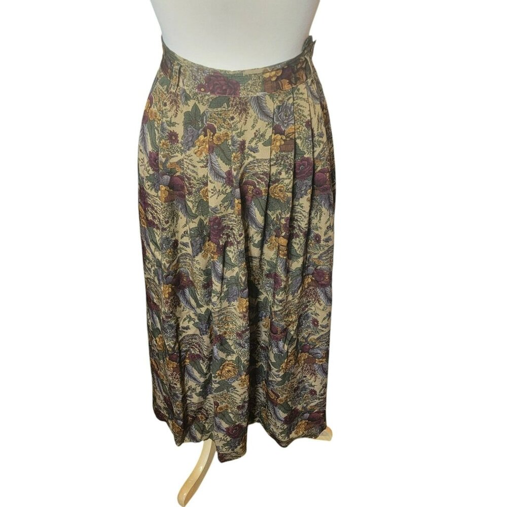 New York Jones Maxi Skirt, Women 14, Tan, Burgandy, Green Floral ,Pockets, GUC